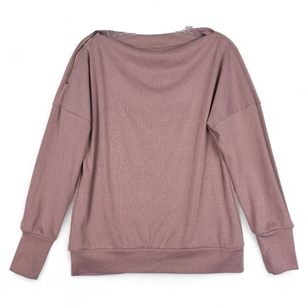 Mauve Pink Ribbed Knit Boat Neck Top Zipper Shoulder Long Sleeve Pullover Small
